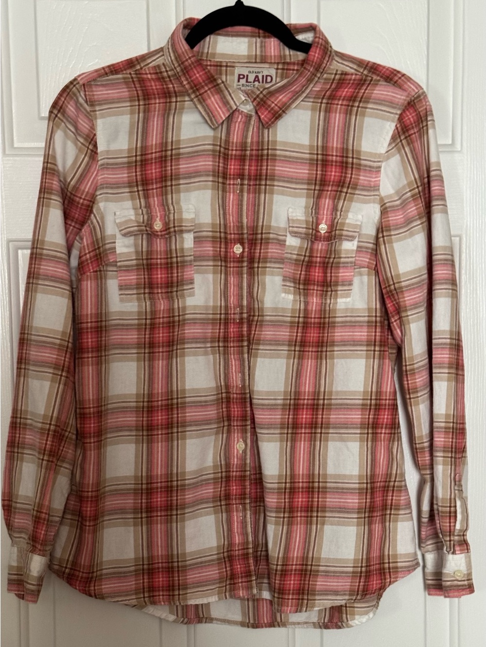 Old Navy Peach & Tan Plaid Flannel Button-Down Shirt